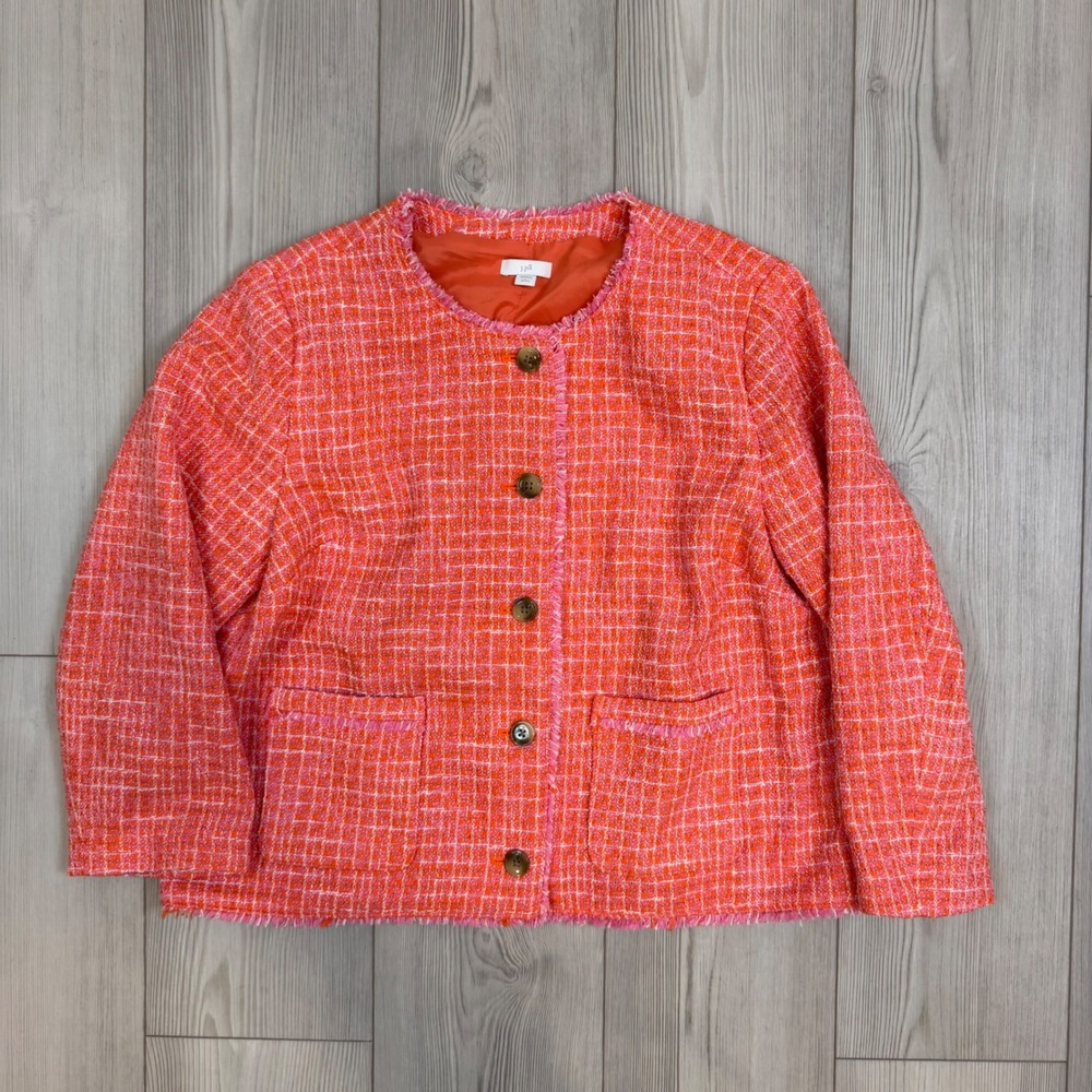 J. Jill Orange Pink Tweed Blazer Jacket Frayed Trim Button Front Petite Large